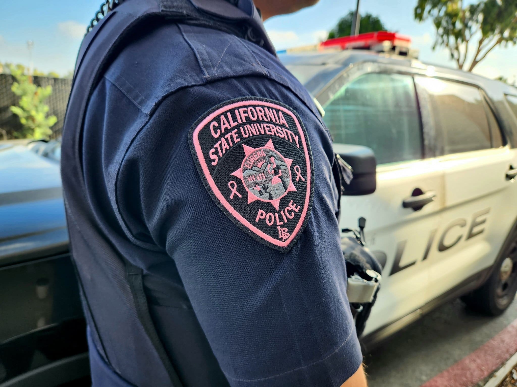 CSULB Police Pink Patch worn by a CSULB Police patrol officer